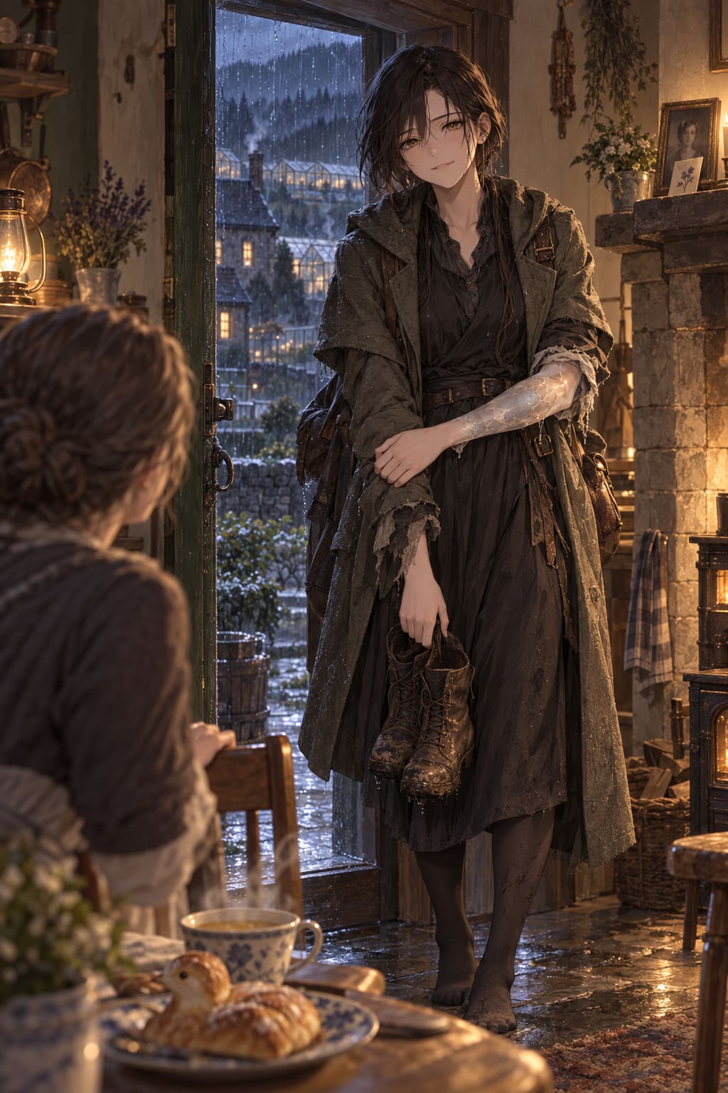 An adult short-haired woman carrying muddy boots stands in a rainy doorway, her cloudy glass forearm catching warm kitchen light; her mother sits in the foreground beside soup and bread.